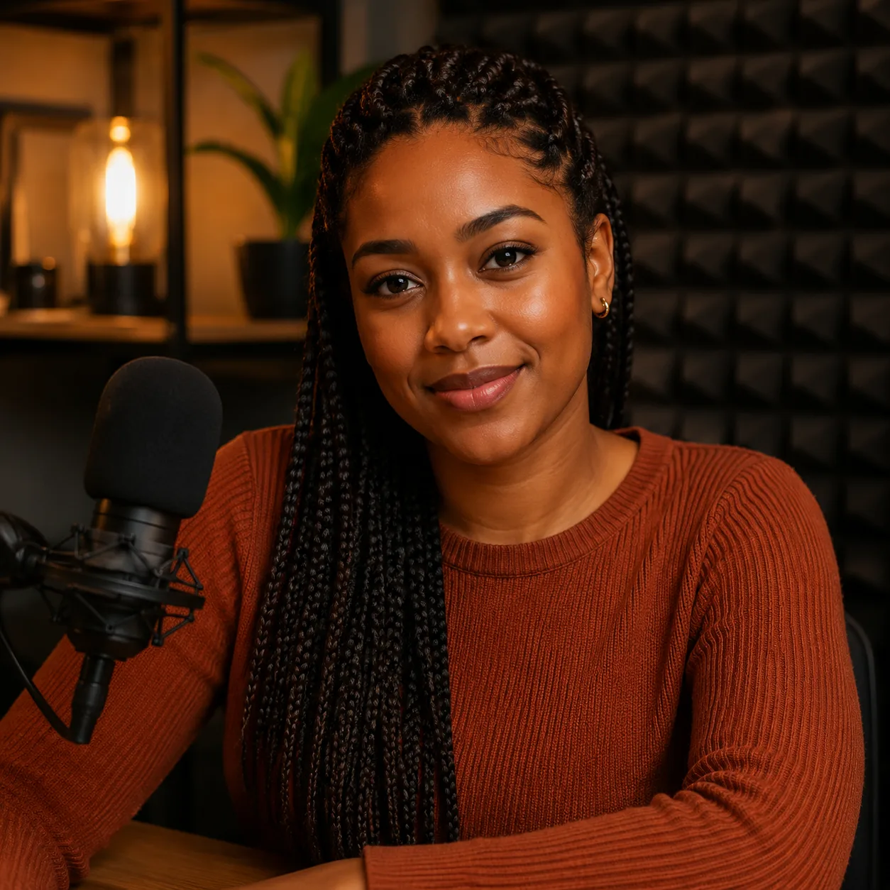 AI kreativní portrét do portfolia: podcaster ve studiu s mikrofonem
