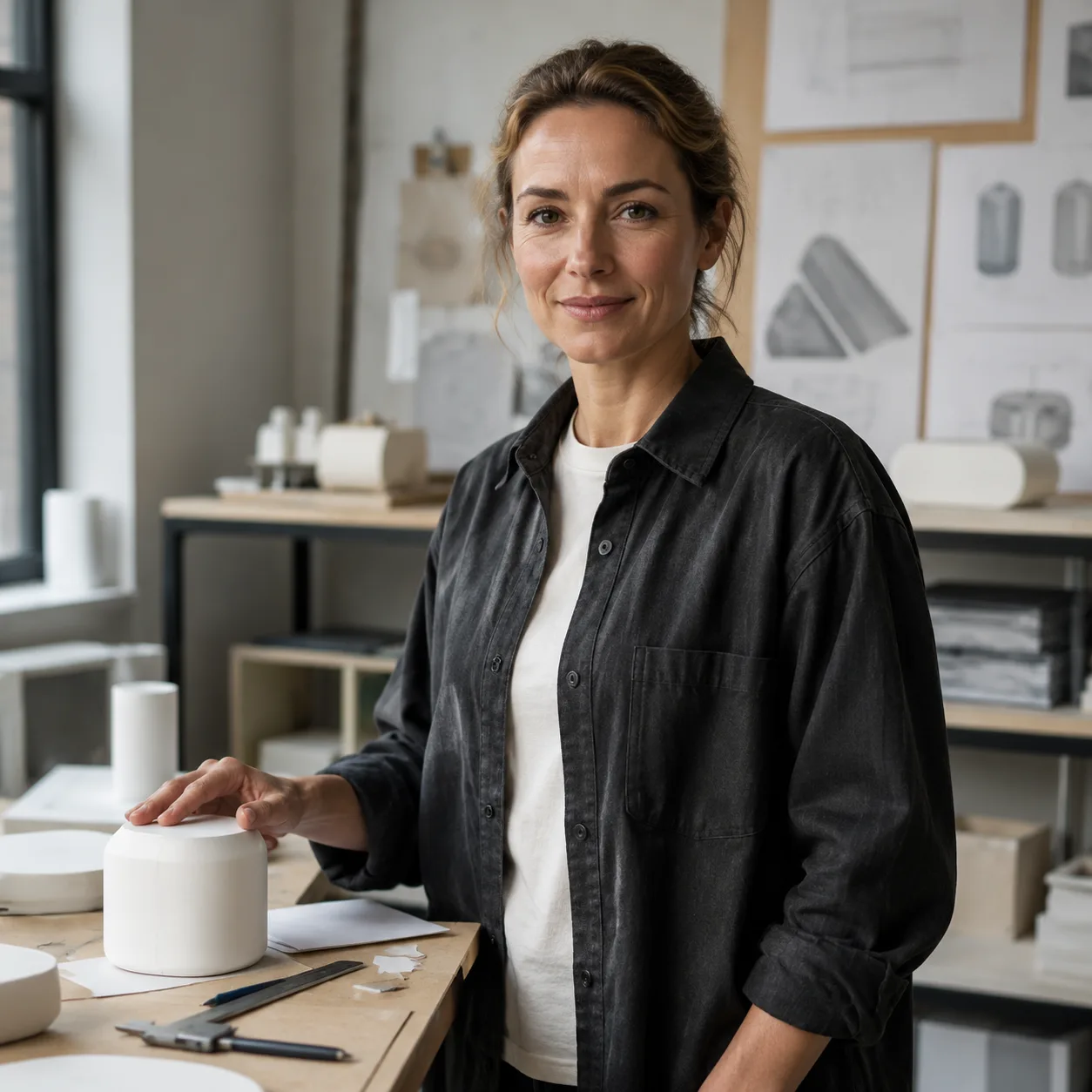 AI kreativní portrét do portfolia: designer produktu u maketách