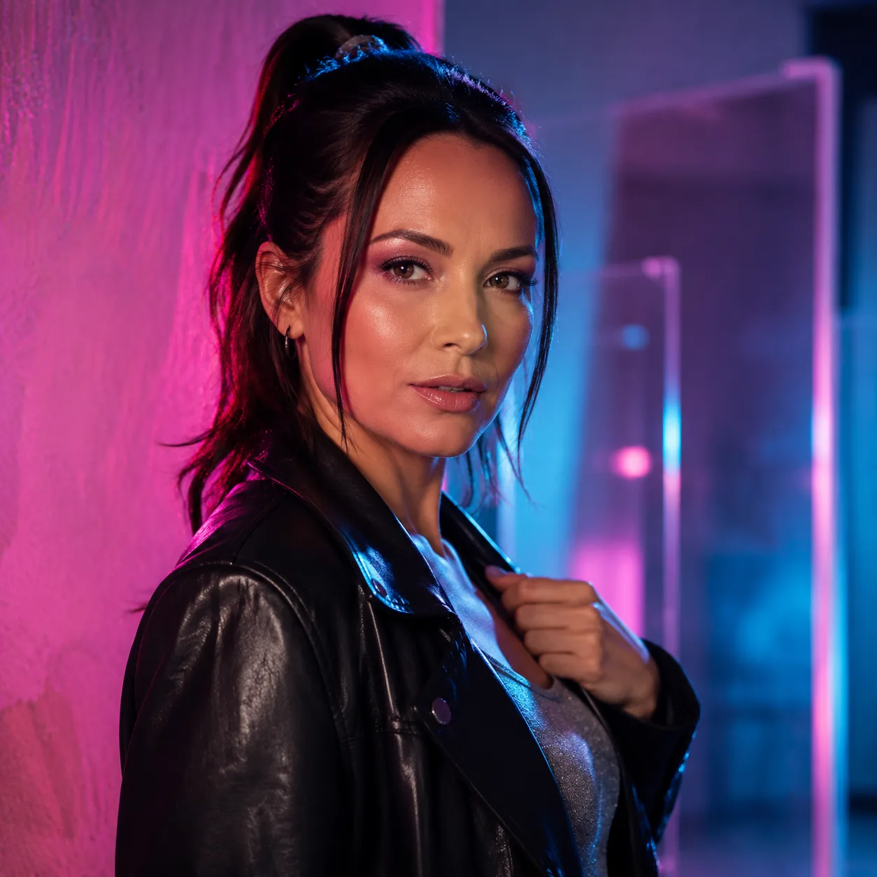AI fashion editorial portrét: neonový portrét y2k růžová