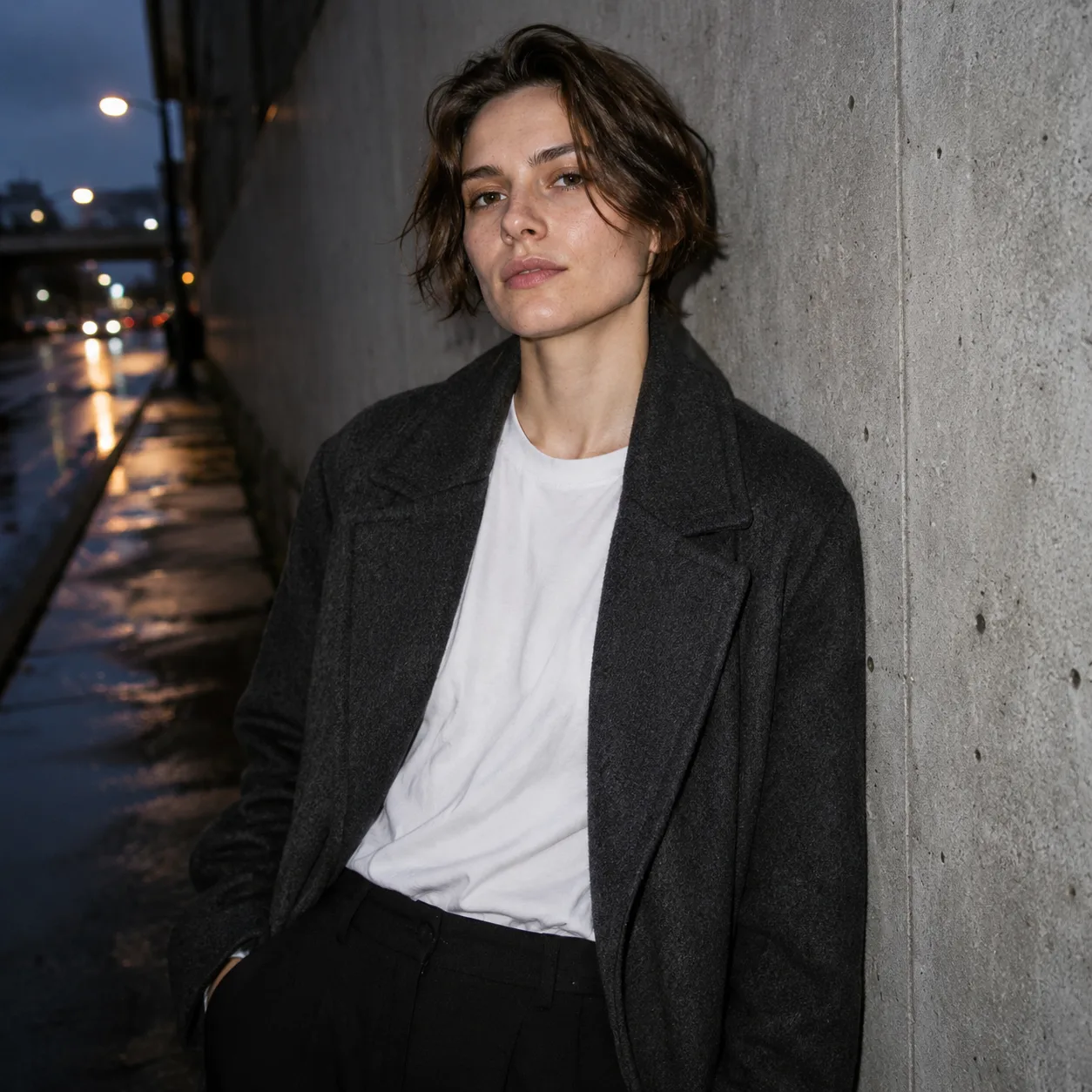 AI fashion editorial portrét: street fashion s bleskem betonová