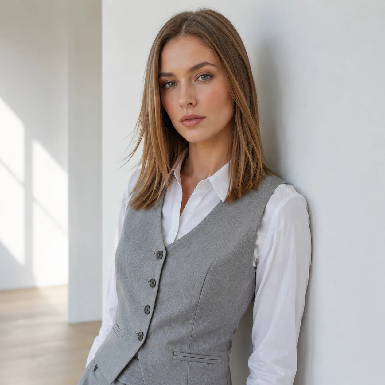 AI fashion editorial portrét: lookbook portrét u světlé zdi