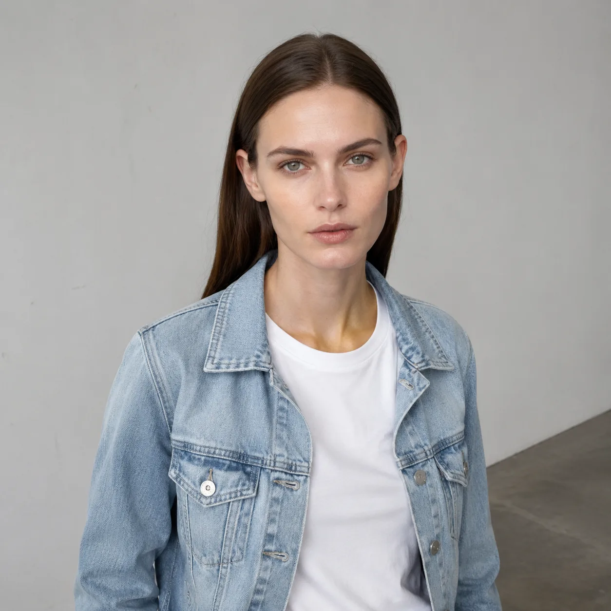 AI fashion editorial portrét: čistý model test bílé t