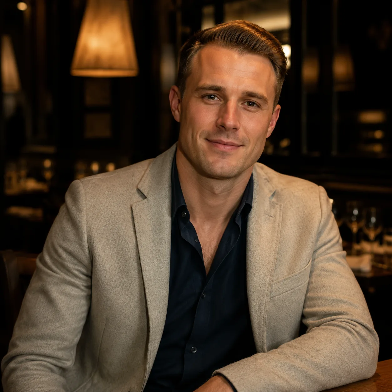 AI lifestyle portrét: elegantní restaurace s tmavým pozadím
