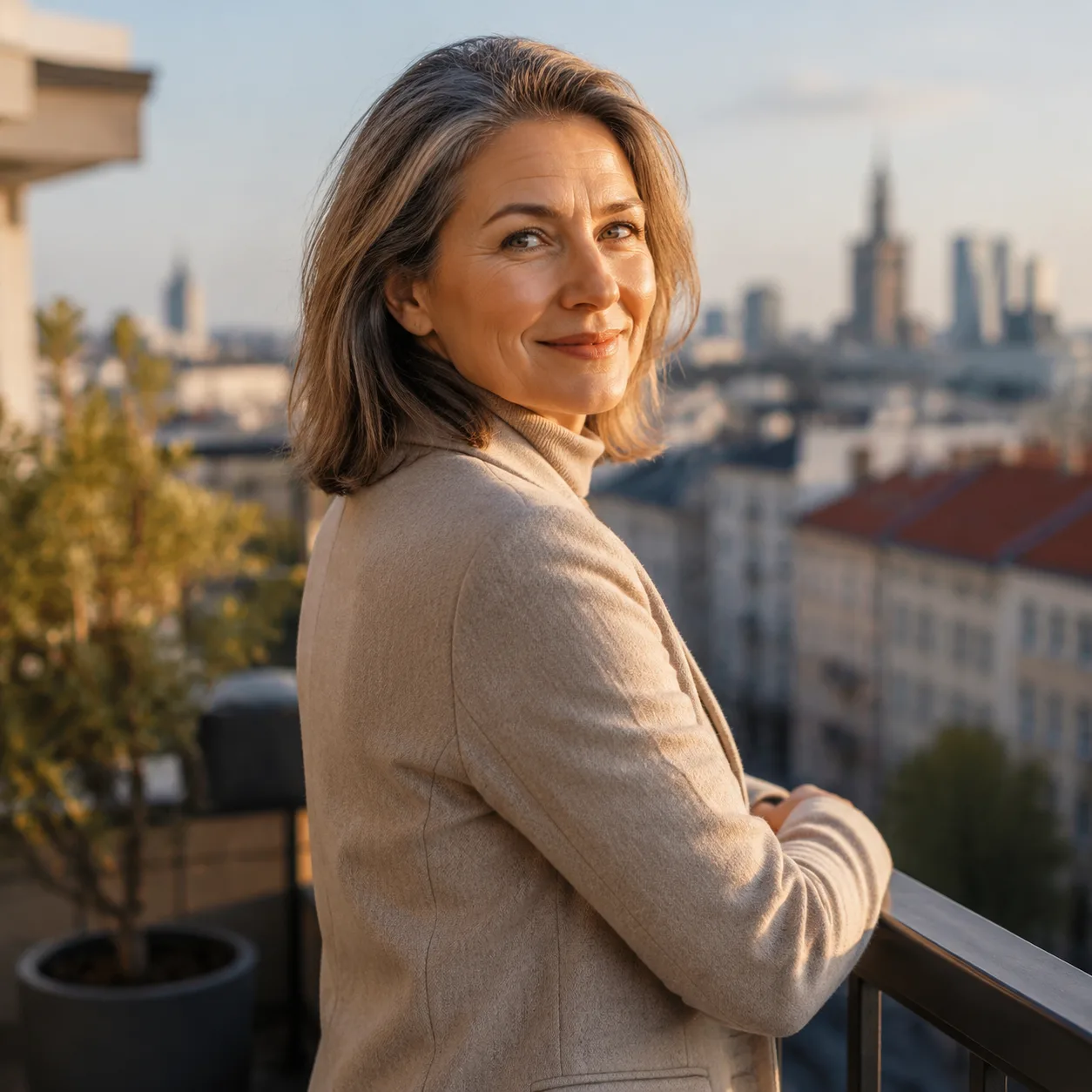 AI lifestyle portrét: terasa bytu neutrální město