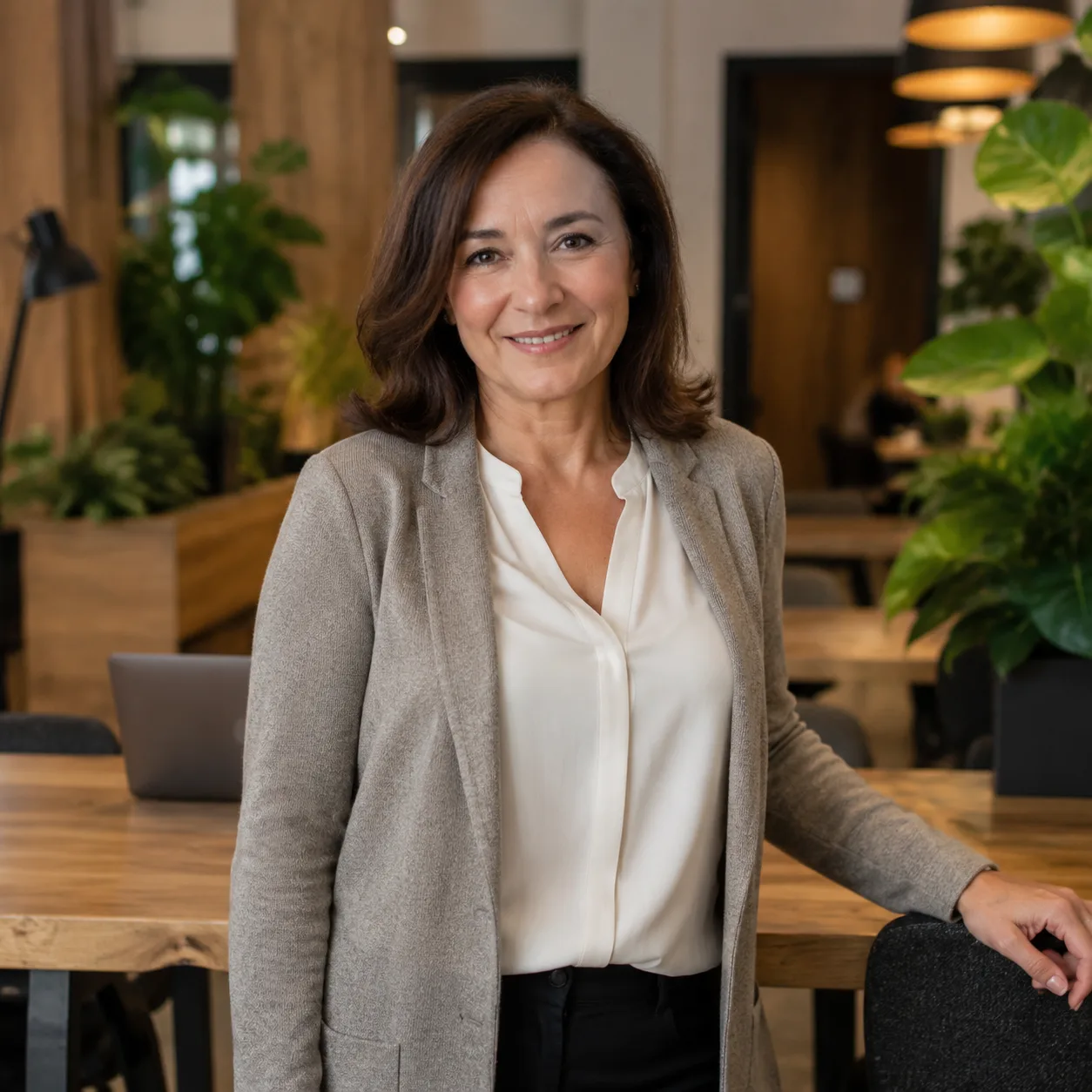AI lifestyle portrét: coworking rosliny a dřevo casual