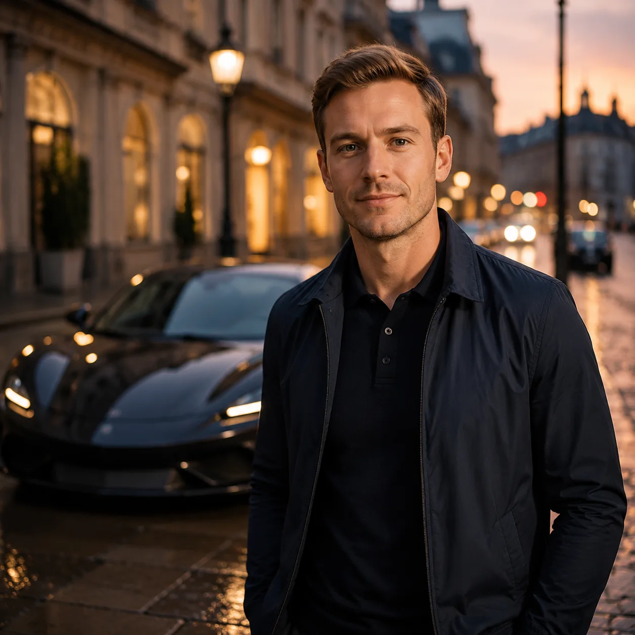 AI luxusní cestovní portrét: elegantní sportovní auto v pozadí