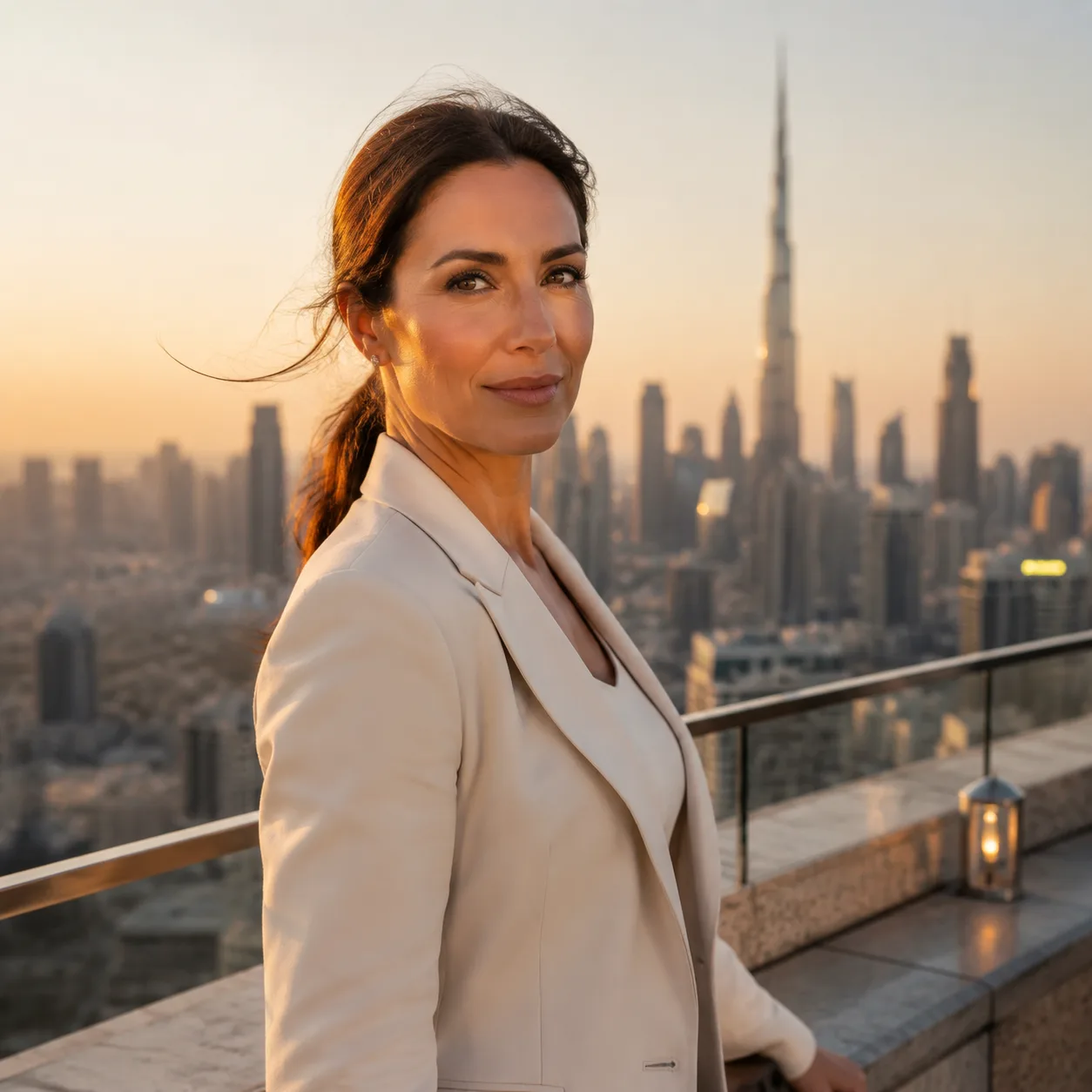 AI luxusní cestovní portrét: Dubaj rooftop neutrální panorama