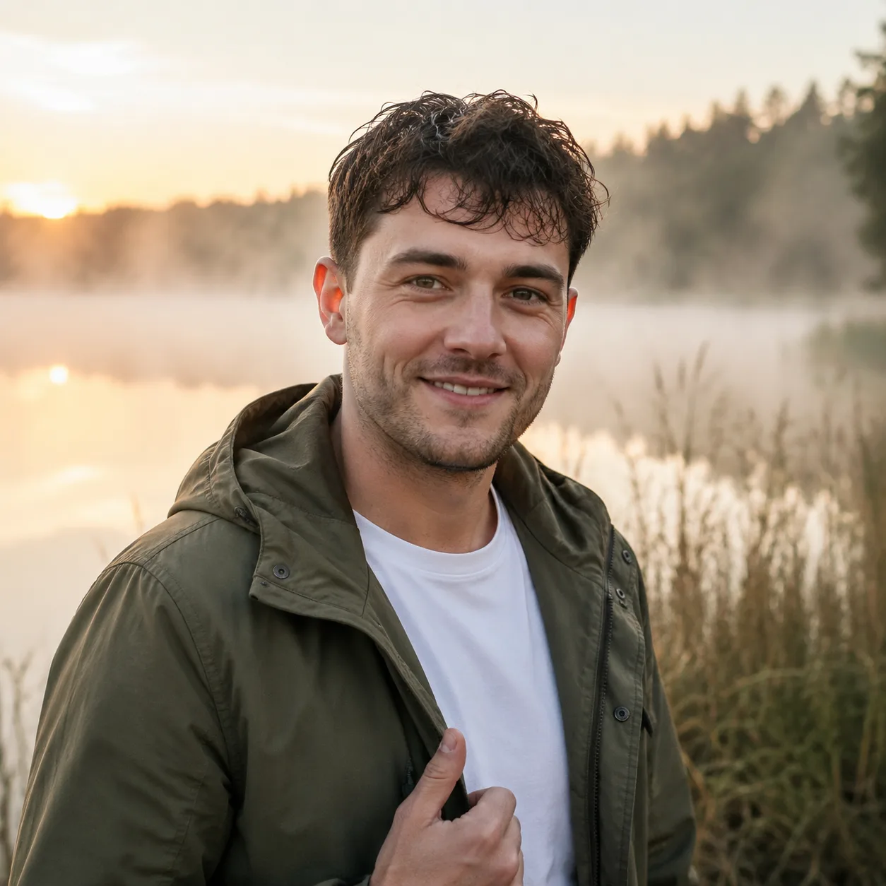 Sezónní AI venkovní portrét: břeh jezera ráno mlha