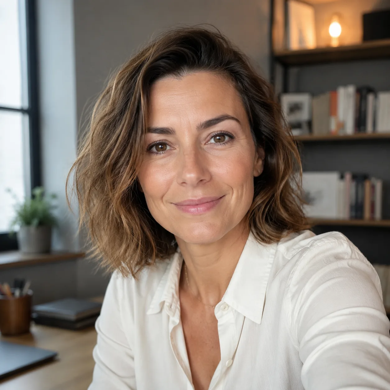 AI profilová fotka na sociální síti: profil medium v klidné pracovně